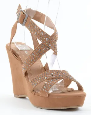 Strappy Faux Suede Rhinestone Bling Platform Wedge Sandal