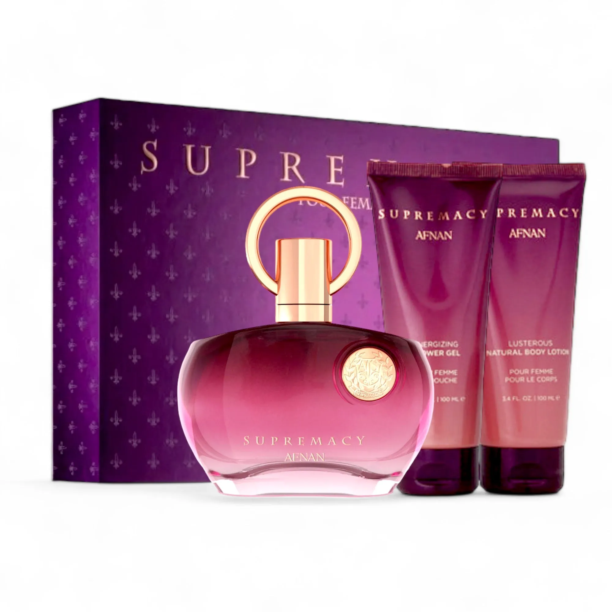 Supremacy Purple by Afnan for Women 3 PCS Set: Eau de Parfum 3.4 oz   Body Lotion   Shower Gel