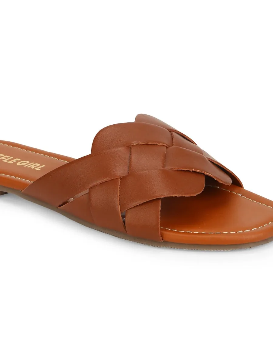 Tan PU Woven Strap Slip Ons