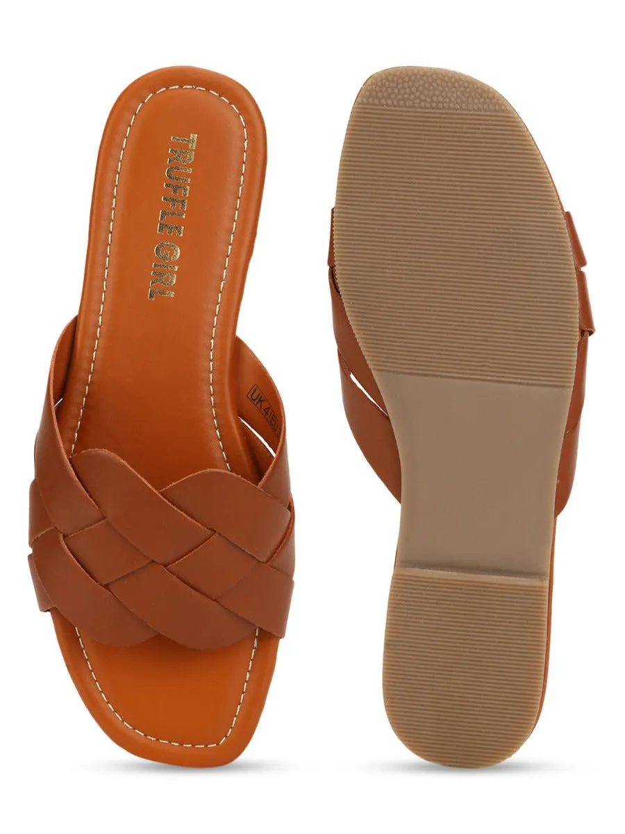 Tan PU Woven Strap Slip Ons