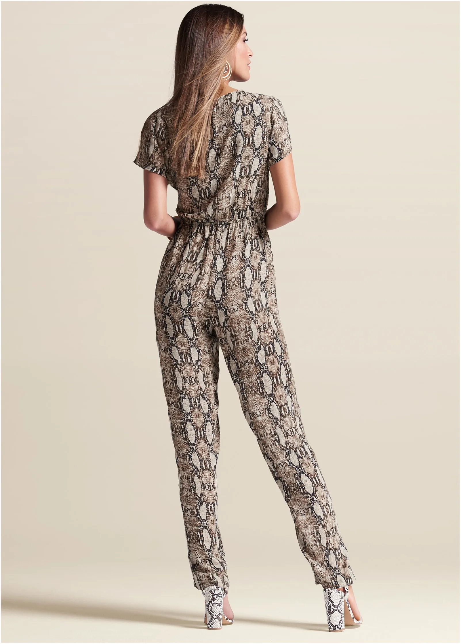 Tie-Front Python Jumpsuit - Taupe Multi