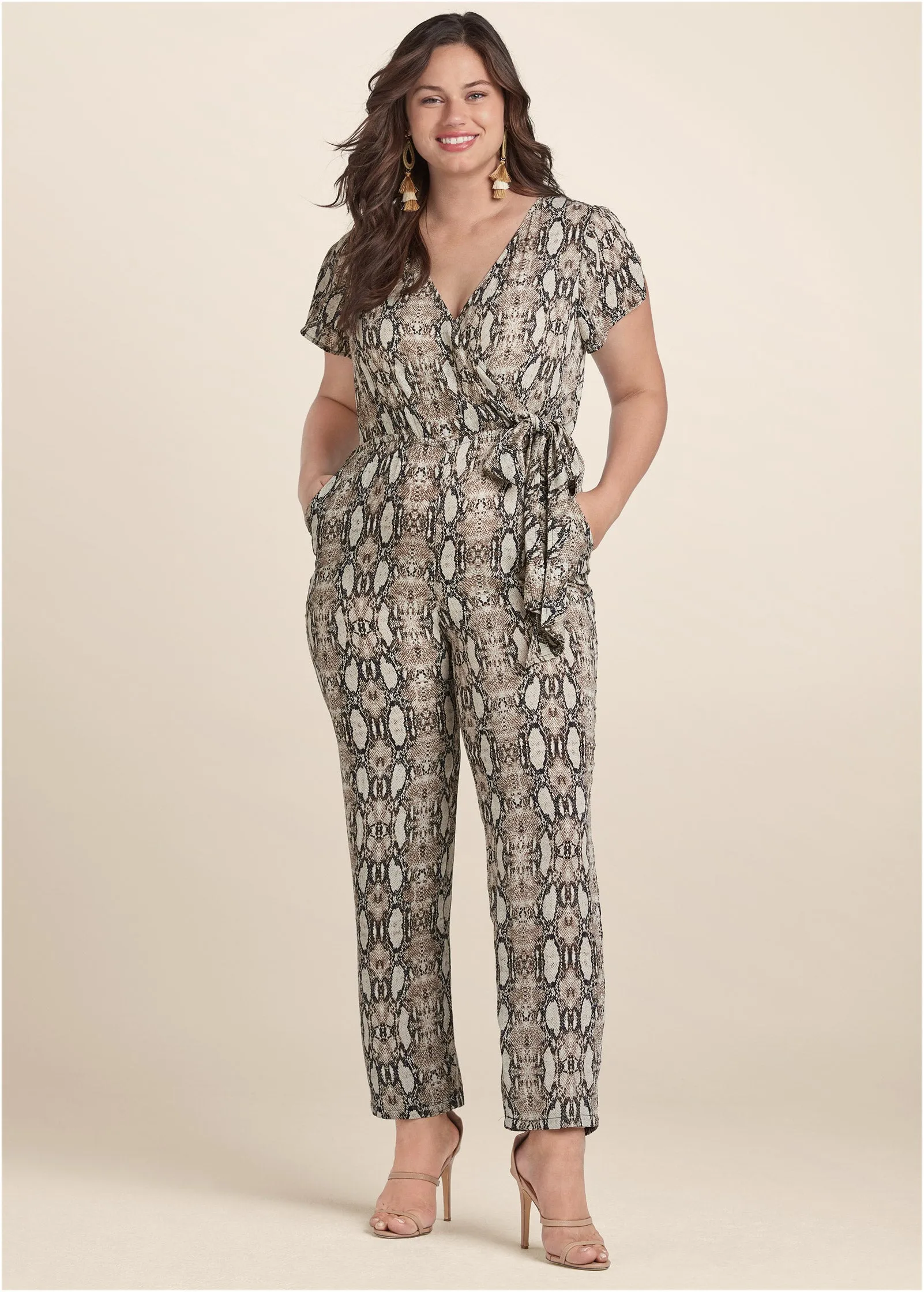 Tie-Front Python Jumpsuit - Taupe Multi