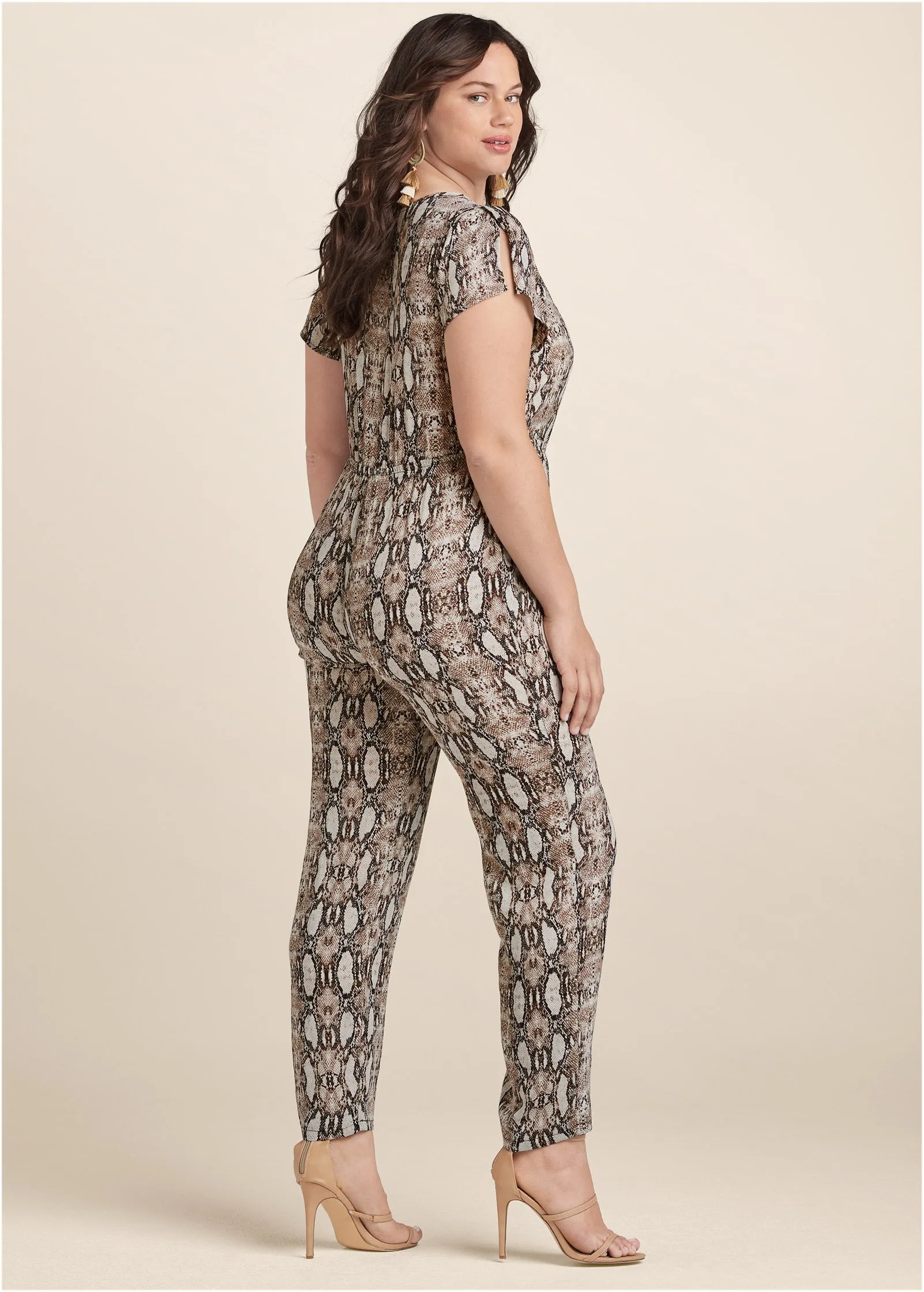 Tie-Front Python Jumpsuit - Taupe Multi