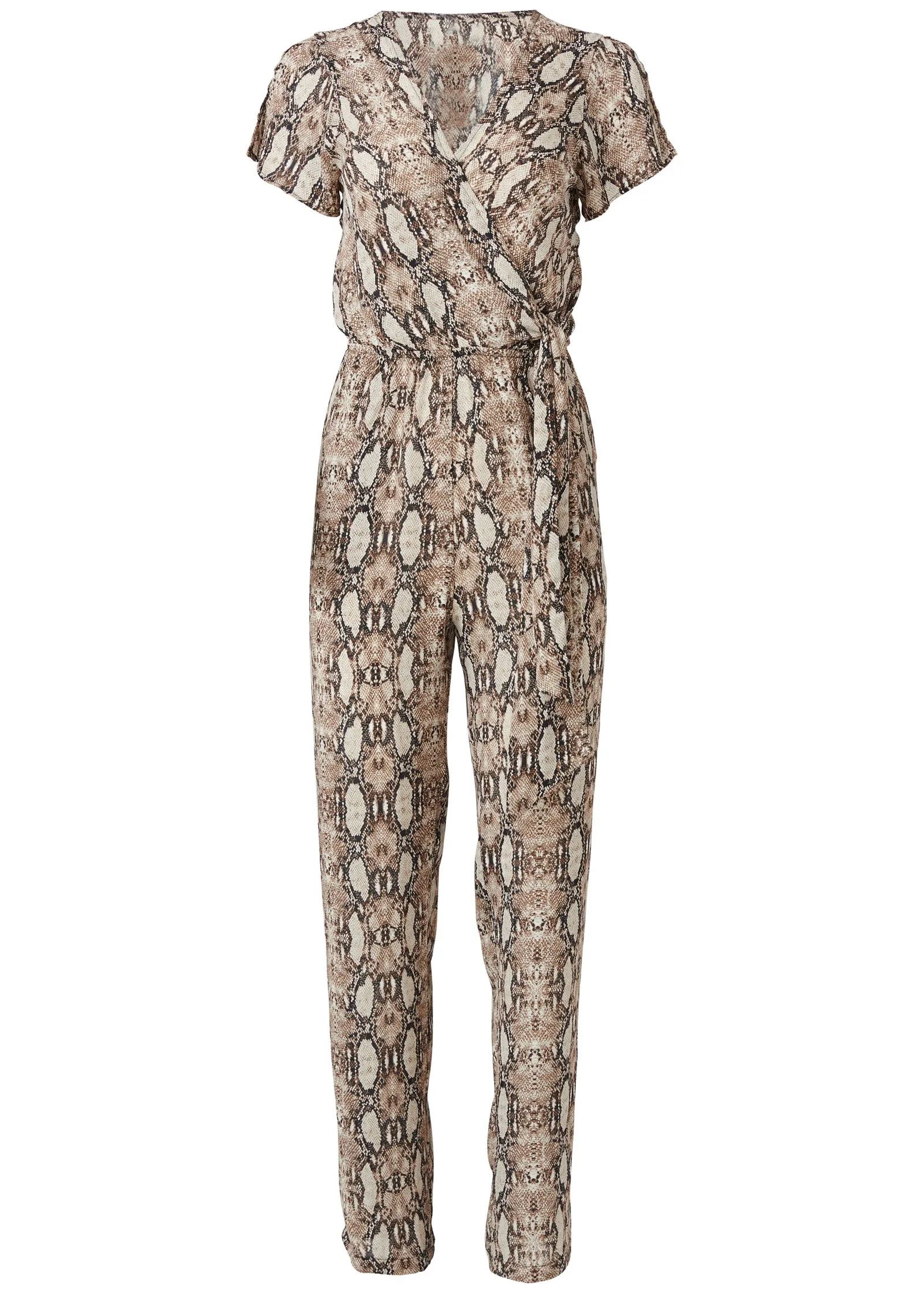 Tie-Front Python Jumpsuit - Taupe Multi