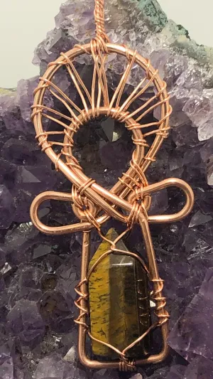 Tigers Eye Tower Copper Ankh Wirewrapped Pendant