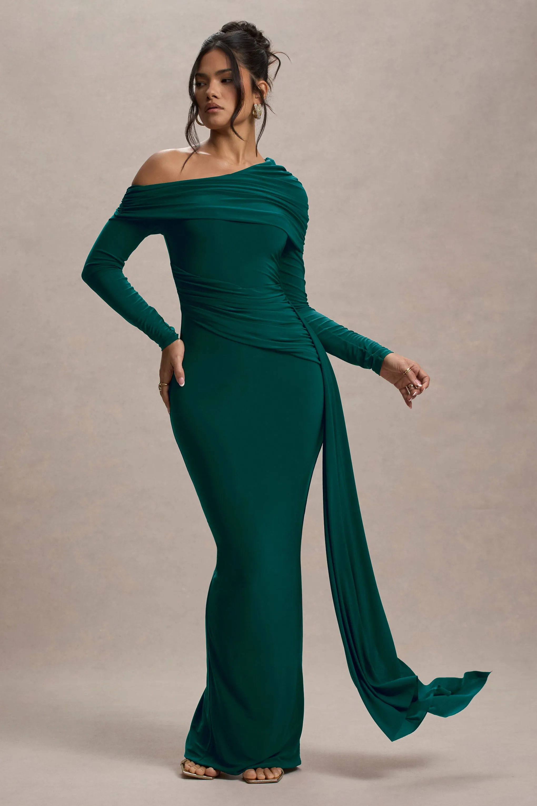 Valina | Green Ruched Asymmetric Maxi Dress With Drape