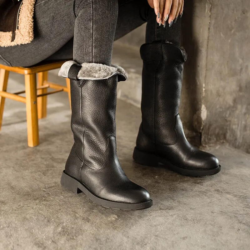 Western Cowboy Boots Handmade Leather Mid Calf Snow Boots Shearling Lined in Red/Black/Coffee