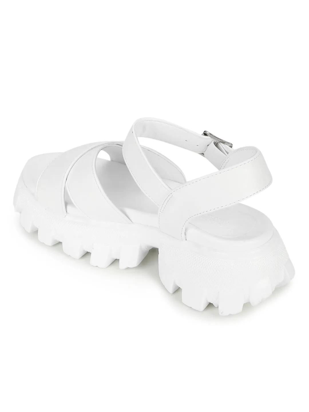 White PU Cleated Bottom Chunky Sandals With Buckle