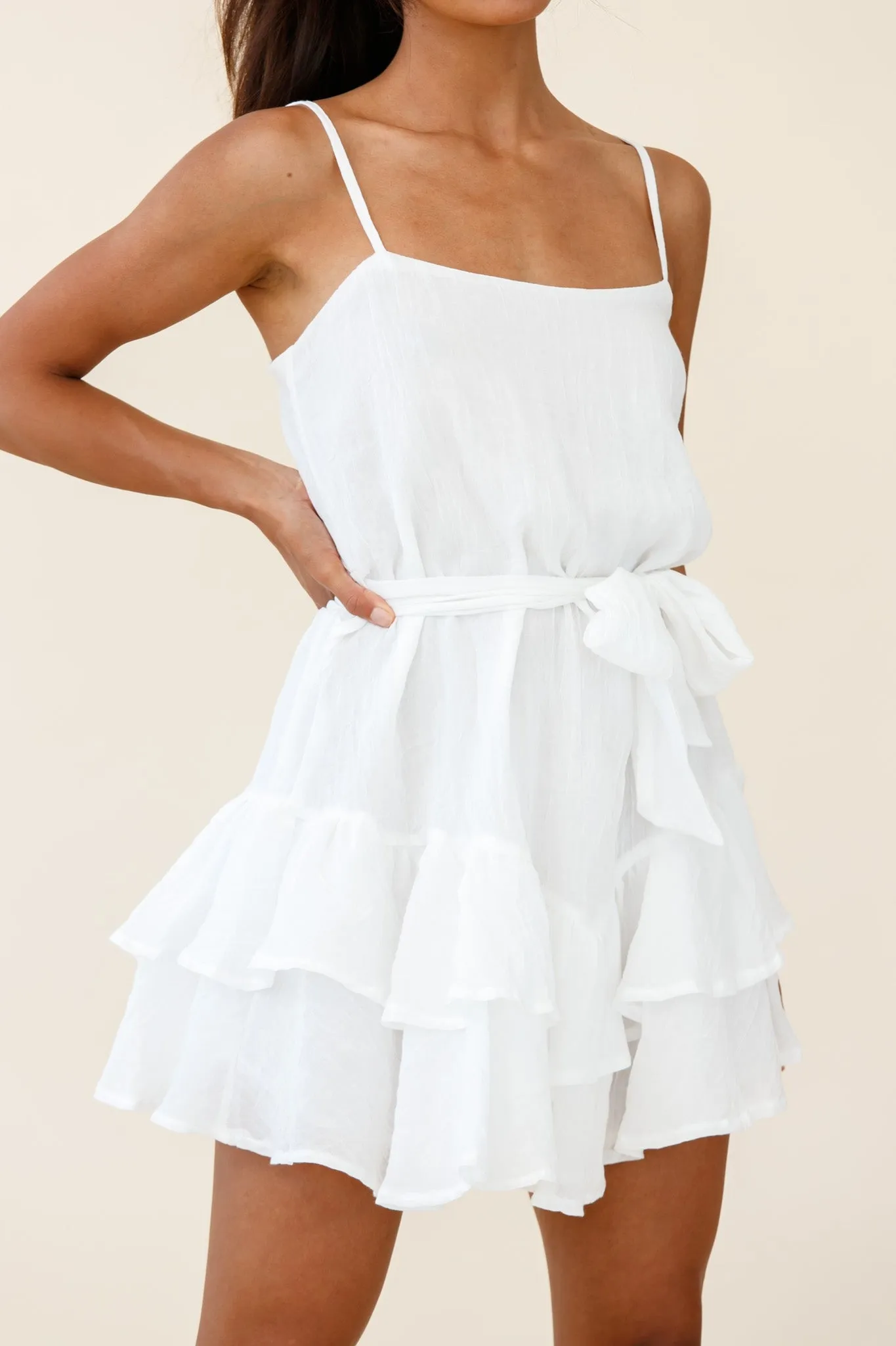 Wilshire Tiered Ruffle Hem Spaghetti Strap Dress White