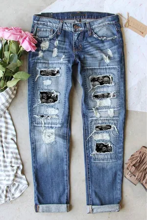 Womens Boyfriend Jeans Stretchy Ripped Skeleton Print Ripped Jeans