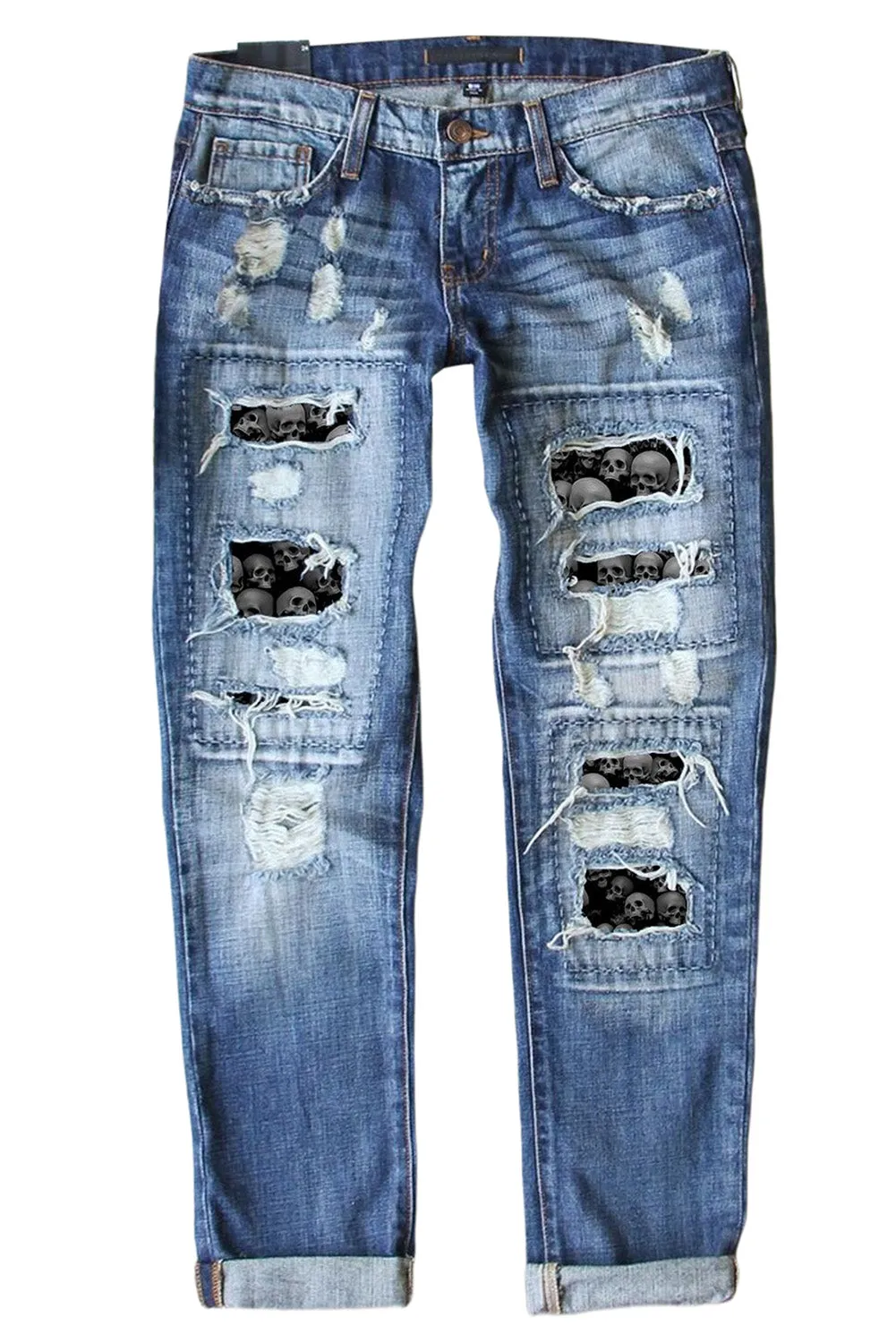 Womens Boyfriend Jeans Stretchy Ripped Skeleton Print Ripped Jeans