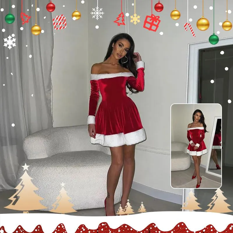 Women'S Christmas Costume Santa Dress Plush Trim Boat-Neck Off-Shoulder Sleeve Dress New Year Party Cosplay Costume Womenswear Accessories