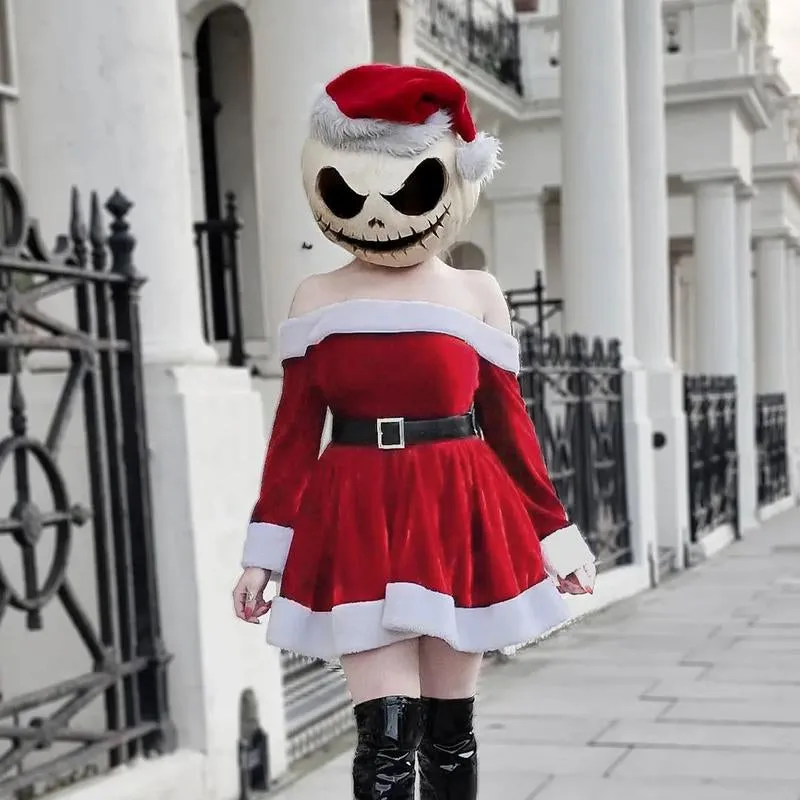 Women'S Christmas Costume Santa Dress Plush Trim Boat-Neck Off-Shoulder Sleeve Dress New Year Party Cosplay Costume Womenswear Accessories