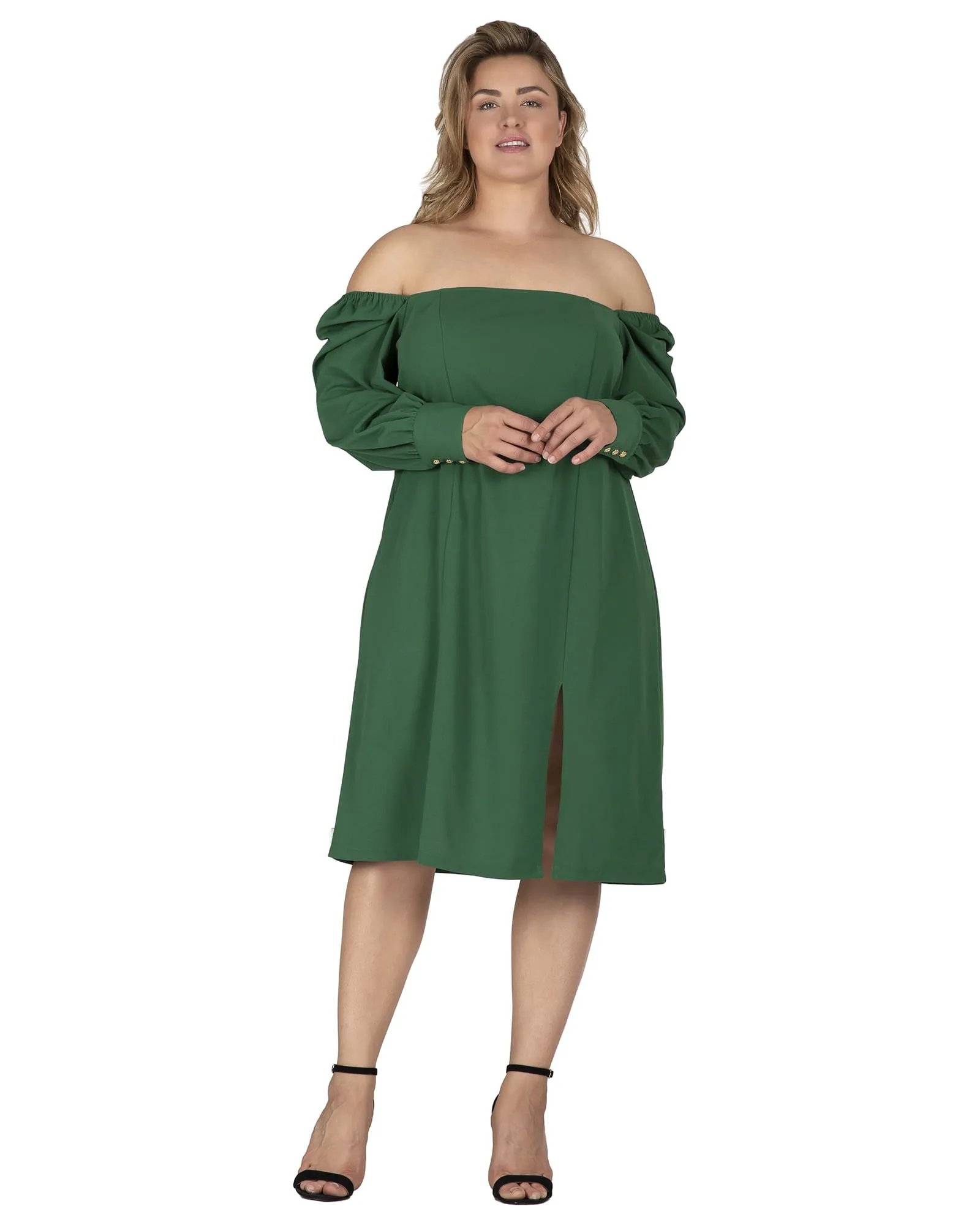 Women's Square-Neck Off Shoulder Elegant Midi Dress | Green