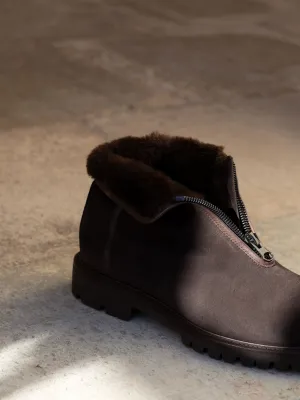 Zip-front shearling-lined ankle boots in brown suede