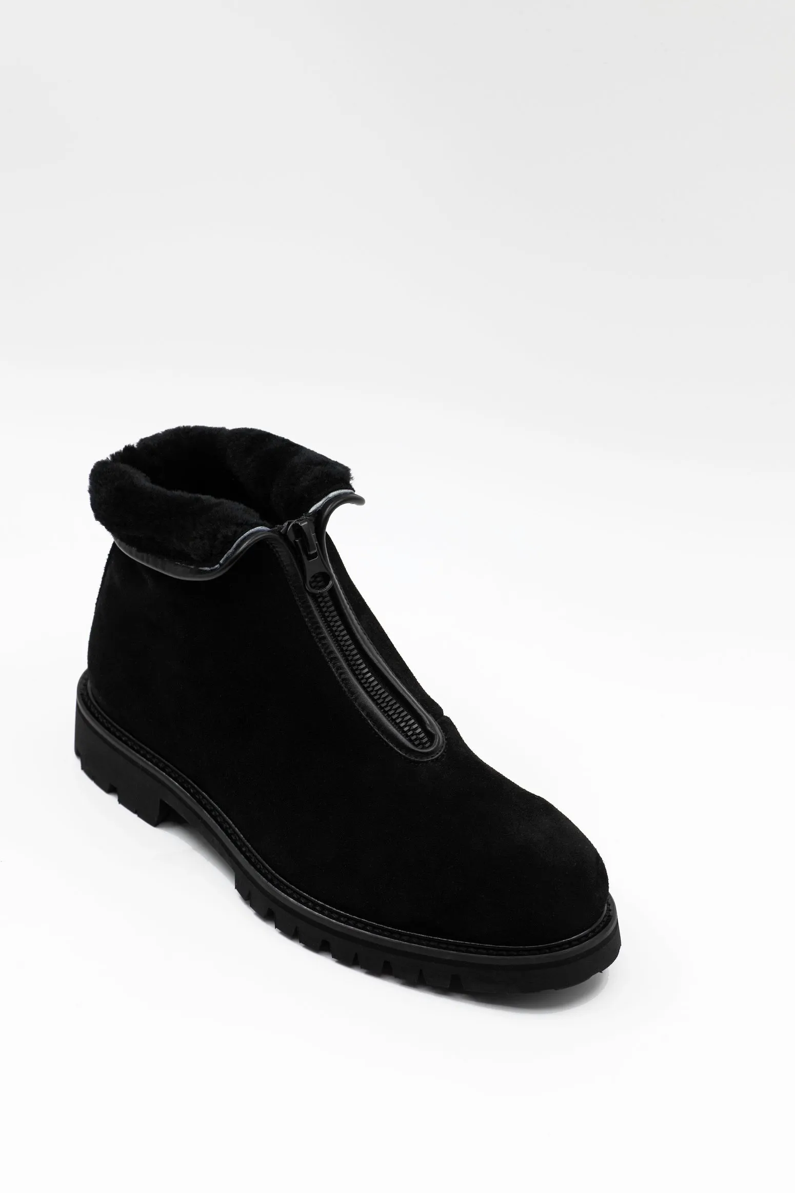 Zip-front shearling-lined black ankle boots